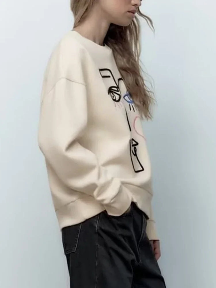 Embroidered Sweatshirt Hoodies Fashion Loose O-neck Fleece Pullovers Female Hoodies Tops