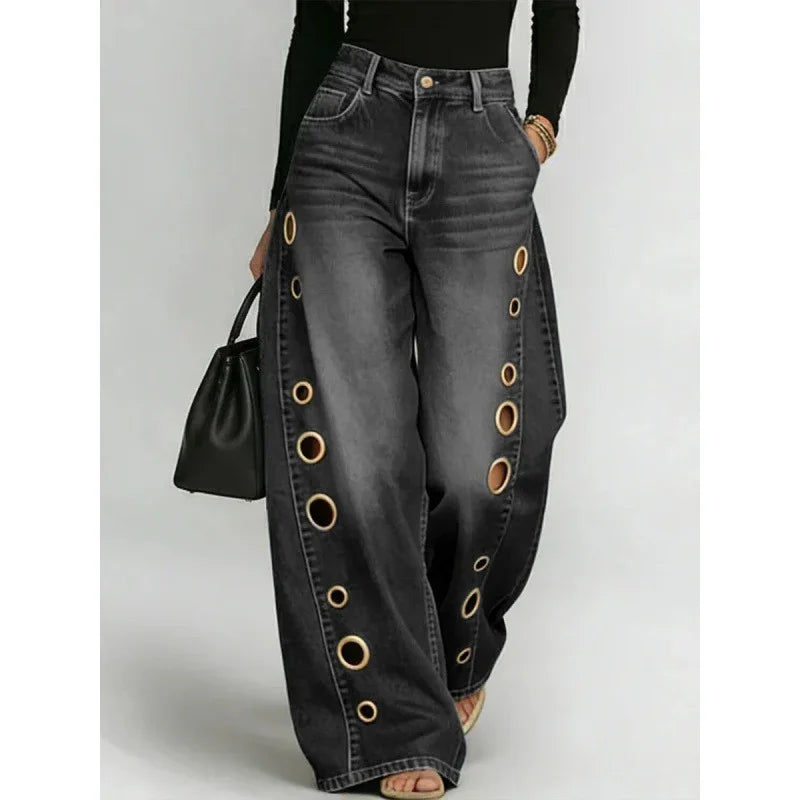Metal Eyelet Wide-Leg Jeans
