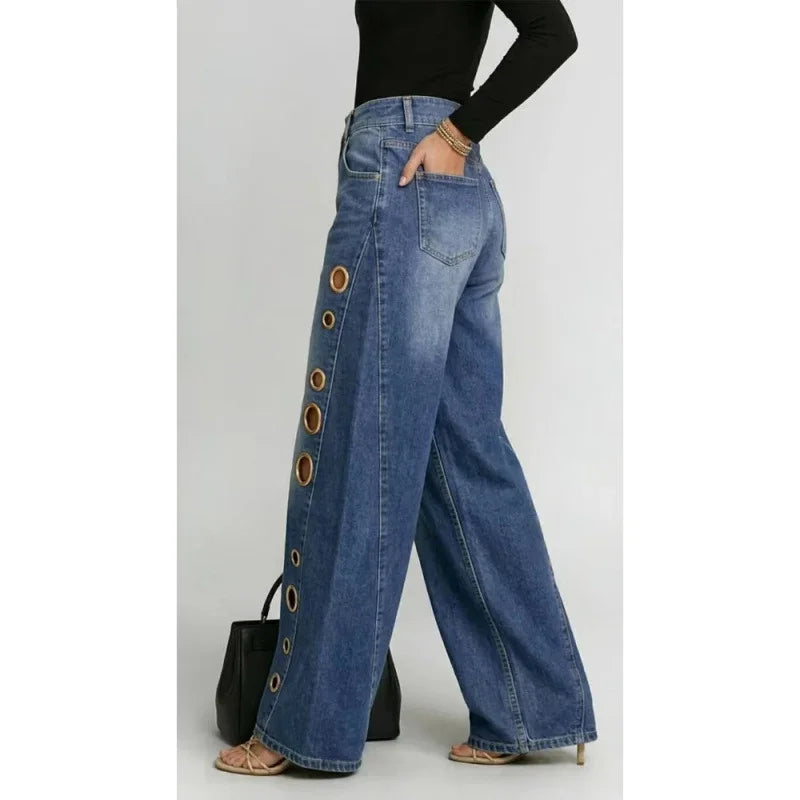 Metal Eyelet Wide-Leg Jeans