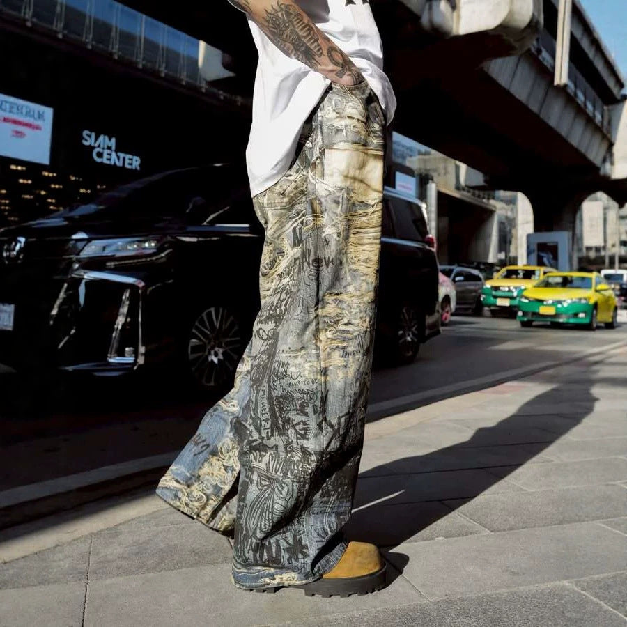 Streetwear Graffiti Distressed Jeans for Men