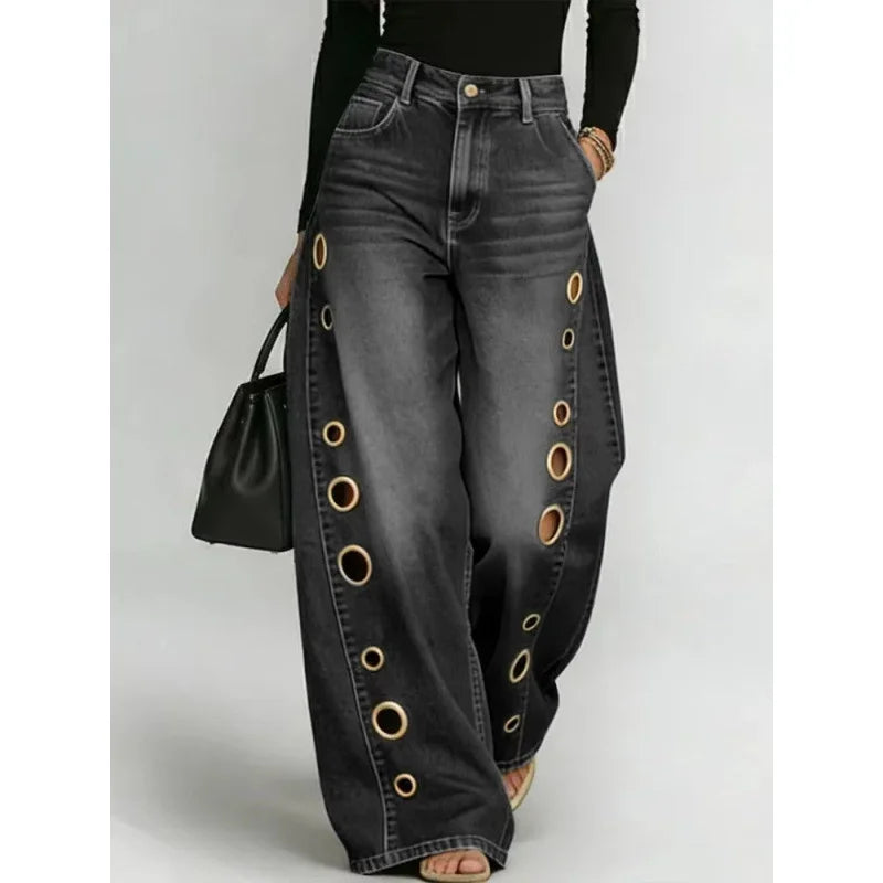 Metal Eyelet Wide-Leg Jeans