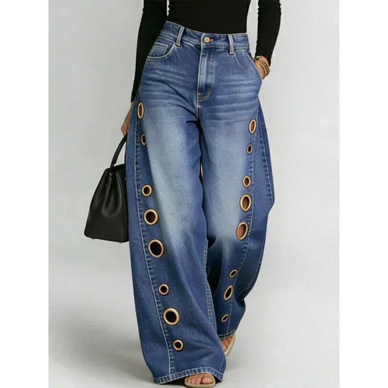 Metal Eyelet Wide-Leg Jeans