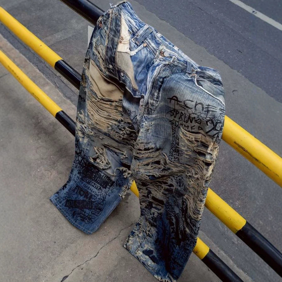 Streetwear Graffiti Distressed Jeans for Men