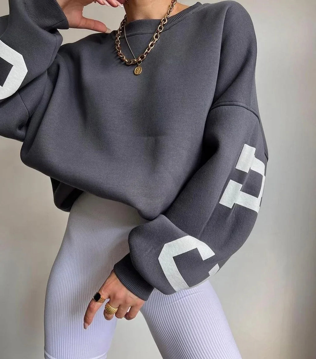 Casual Letters Print Sweatshirt Women Fashion Fleece Long Sleeve Loose Streetwear Lady Pullovers