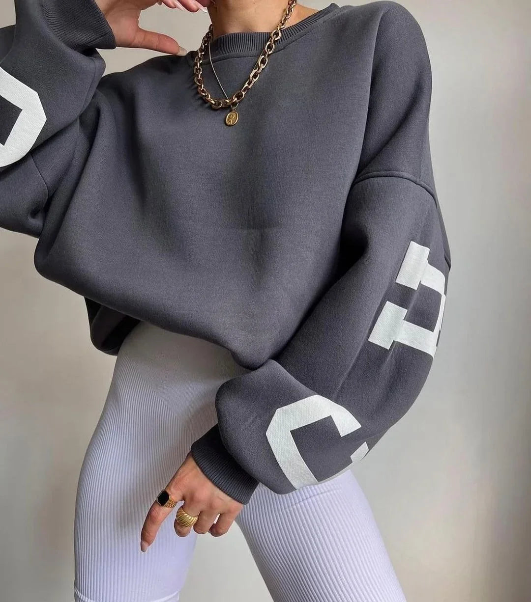 Casual Letters Print Sweatshirt Women Fashion Fleece Long Sleeve Loose Streetwear Lady Pullovers