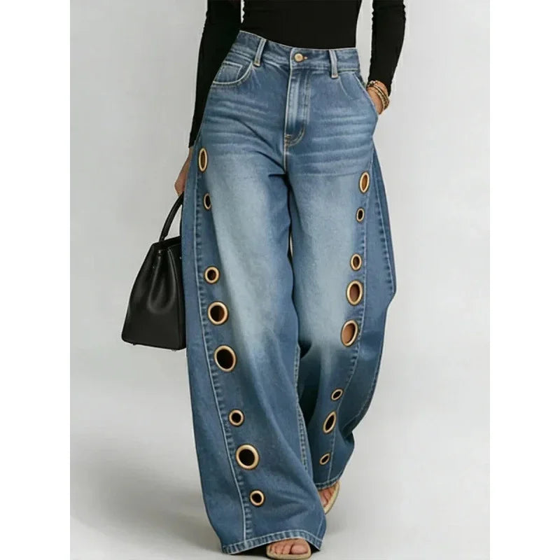 Metal Eyelet Wide-Leg Jeans