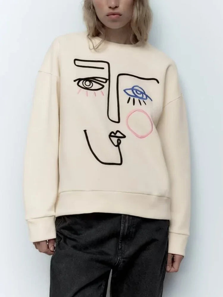 Embroidered Sweatshirt Hoodies Fashion Loose O-neck Fleece Pullovers Female Hoodies Tops