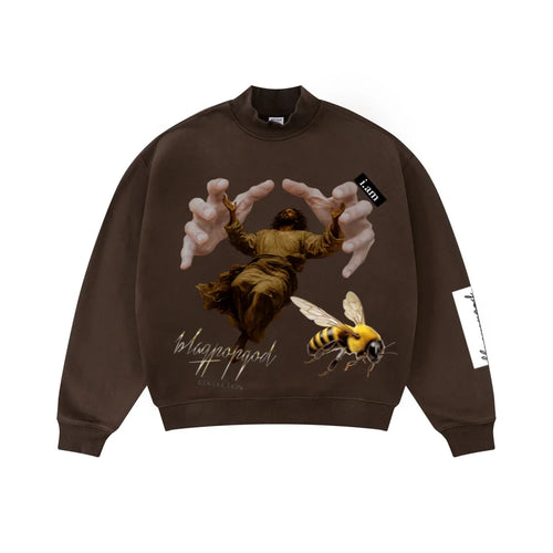 345GSM Men's Relaxed-Fit Fleece-Lined Mock-Neck Sweatshirt Brown