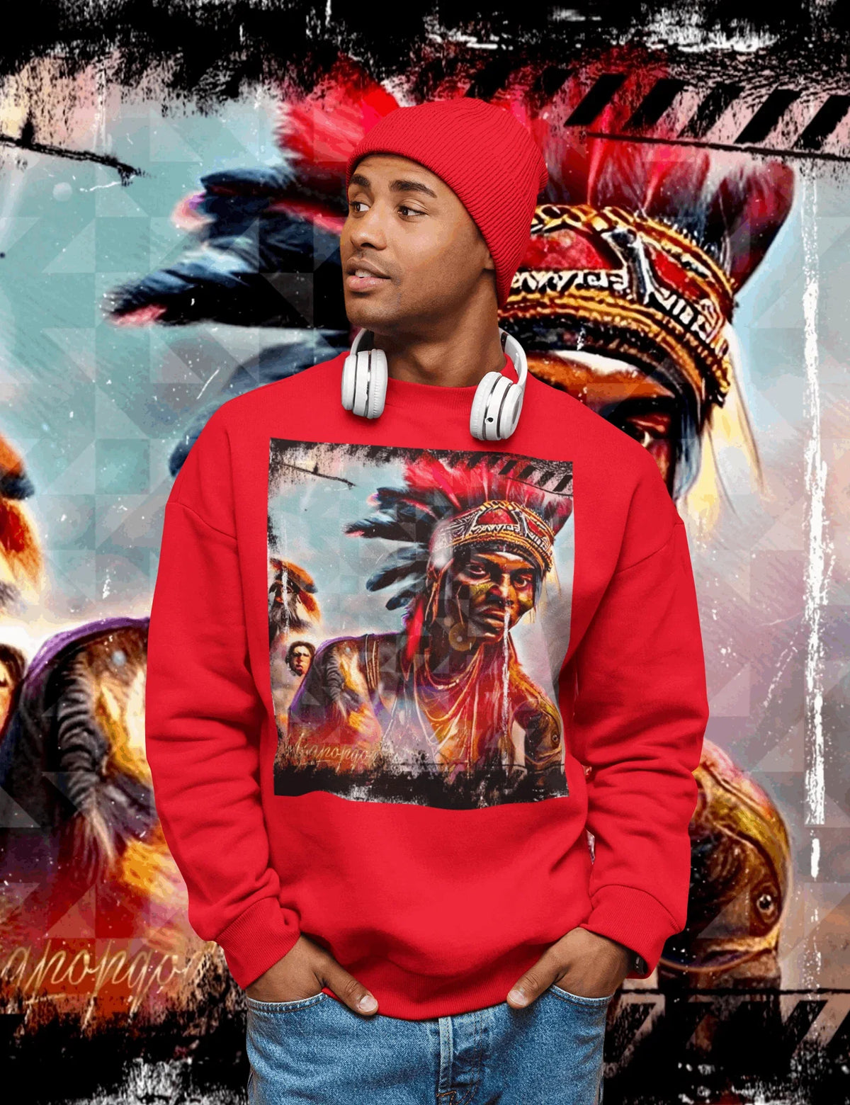 Art Designed Tribal Heavy Crewneck Sweatshirt  (Red)
